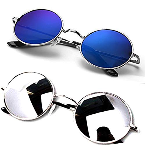 Y S Men s Women s Round Mirror Mercury Goggles Sunglasses Blue Silver Free Size