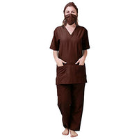 PrimeSurgicals Unisex Scrub Suit V-Neck 3 Pocket Top and 4 Pocket Cargo Trouser with Cap and Mask - (42 - XL, Woodbrown)