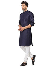 Load image into Gallery viewer, Gauri Laxmi Enterprise WELTPOCKET  Men&#39;s cotton knee-long full sleeve Solid Straight Kurta Pyjama Set (Small, Navy)
