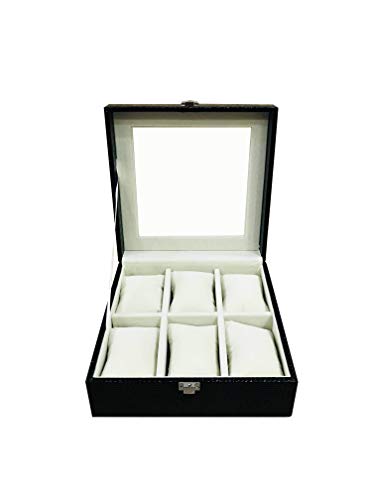 LA TROVE 6 Slot Watch Display Box CASE Organiser Leatherette WATCHBOX Men Women Unisex Boxes with Glass TOP (Black)