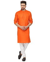 Gauri Laxmi Enterprise WELTPOCKET  Men's cotton knee-long full sleeve Solid Straight Kurta Pyjama Set (Small, Orange)