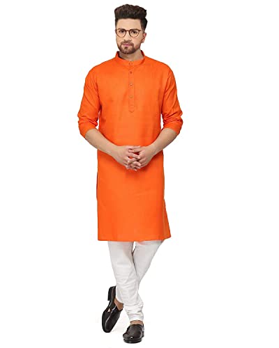 Gauri Laxmi Enterprise WELTPOCKET  Men's cotton knee-long full sleeve Solid Straight Kurta Pyjama Set (Small, Orange)