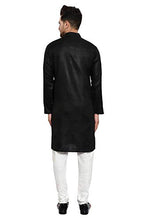 Load image into Gallery viewer, Gauri Laxmi Enterprise WELTPOCKET  Men&#39;s cotton knee-long full sleeve Solid Straight Kurta Pyjama Set (Small, Black)

