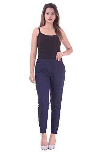 Real Bottom Women Regular Fit Elastic Waist Cotton Formal Trouser (RBPAT-0004XL_Navy Blue_X-Large)
