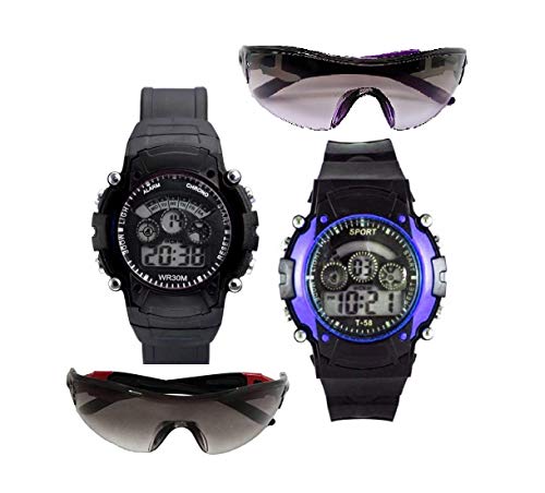 pass pass 7 Light & Goggal Watch + Sunglasses for Age 7 to 15 Years Boys & Girls (Pack-4) (Black & Purple)