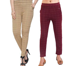 Load image into Gallery viewer, Shree Nath Enterprises Lycra Checks Pattern Printed Jeggings for Women and Girls- Combo, Pack of 2 (30, Beige &amp; Maroon)
