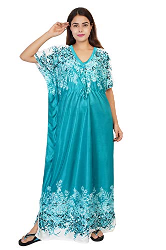 R RILO Women's Satin Blend Floral Maxi Kaftan Nightgown (RL-003_Green_XL)