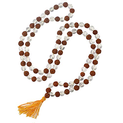 PANDIT NM SHRIMALI 100% Natural Rudraksha and Sphatik (Quartz) Mala 6 mm Beads - 108+1 Beads Japa Rosary Rudraksh + Sphatik Spiritual Certified Mala