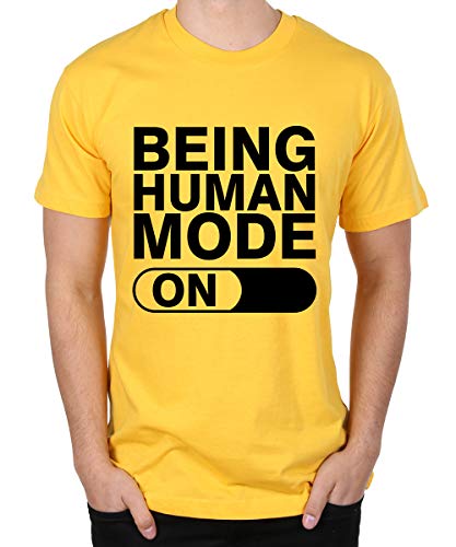 Caseria Men's Round Neck Cotton Half Sleeved T-Shirt with Printed Graphics - Being Human Mode On (Yellow, MD)