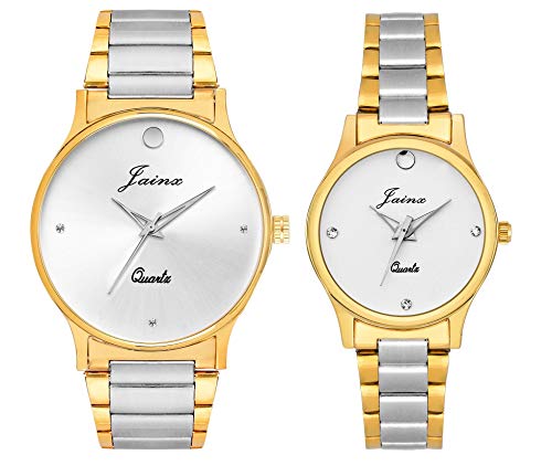 JAINX Analogue Men & Women's Watch (Silver Dial Golden Silver Colored Strap) (Pack of 2)