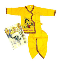 Load image into Gallery viewer, PK HUB Kids Cotton Yellow Krishna Style Kurta &amp; Dhoti Dress (Pack Of 5-Kurta,Dhoti,Bansuri,Mukut,Patka) (0-3 Months)

