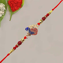 Load image into Gallery viewer, Ascension  3 Peacock design Kundan Meena Rakhi Raksha Bandhan Gift Band Moli Bracelet Wristbands Stone Pearl Designer Rakhi with 200g Kanha Soan Papdi sweet, Card &amp; Roli Tilak Pack
