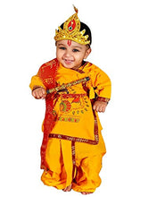 Load image into Gallery viewer, Bandhan Boys and Girls 100% Cotton Dhoti Kurta Krishna Kids Costume Ethnic Wear Dress (Pack of 5 - Kurta, Dhoti, Bansuri, Mor Pankh Mukut, Bandhni Patka)(Yellow) (3 Months - 6 Months)
