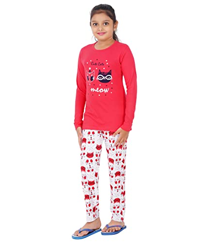 MIST N FOGG Girls' Printed Cotton Nightwear|Top and Pyjama Set of 1(Coral red,11-12 Years)