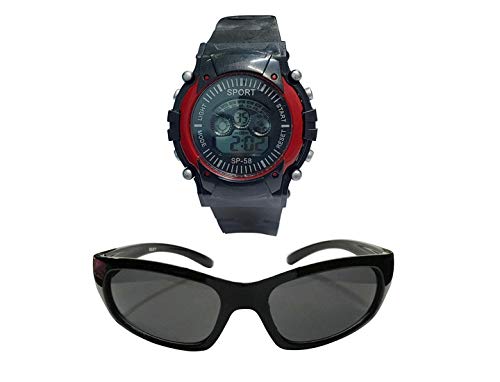 faas Boy's and Girl's Black Goggle Shape Sunglasses with 7 Light Watch Combo (Age 3-8 Yrs)