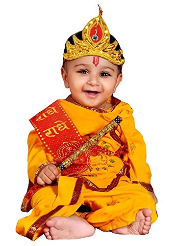 Bandhan Boys and Girls 100% Cotton Dhoti Kurta Krishna Kids Costume Ethnic Wear Dress (Pack of 5 - Kurta, Dhoti, Bansuri, Mor Pankh Mukut, Bandhni Patka)(Yellow) (3 Months - 6 Months)