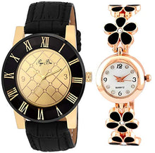 Load image into Gallery viewer, Pappi Haunt Quality Assured - High End Collection Golden Desire Leather Analog Wrist Watch for Boys, Men &amp; Black Flower Golden Chain Bracelet Wrist Watch for Girls, Women - Couple Pack
