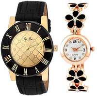 Pappi Haunt Quality Assured - High End Collection Golden Desire Leather Analog Wrist Watch for Boys, Men & Black Flower Golden Chain Bracelet Wrist Watch for Girls, Women - Couple Pack