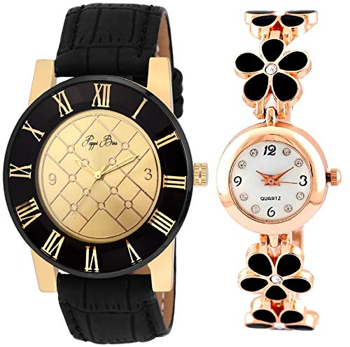 Pappi Haunt Quality Assured - High End Collection Golden Desire Leather Analog Wrist Watch for Boys, Men & Black Flower Golden Chain Bracelet Wrist Watch for Girls, Women - Couple Pack