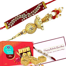 Load image into Gallery viewer, Ascension  Kundan Bhaiya bhabhi Rakhi Raksha Bandhan Gift Bracelet Designer Rakhi for Bhaiya Brother Sister in law Bhabhi Lumba Rakhi with Card,Kanha Soan Papdi sweet &amp; Roli Tilak Pack
