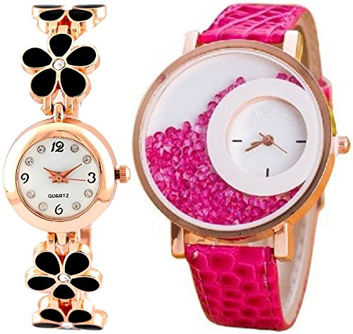 Pappi-Haunt Pack of 2 - Designer Black Flower Golden Wrist Watch & Pink Movable Beads Leather Strap Wrist Watch for Girls, Women
