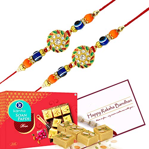 Ascension  2 Elegant Designer Evil eye rakhi Kundan Meena Rakhi Raksha Bandhan Gift Band Moli Bracelet Stone Pearl Designer Rakhi with 200g Kanha Soan Papdi sweet, Card & Roli Tilak Pack