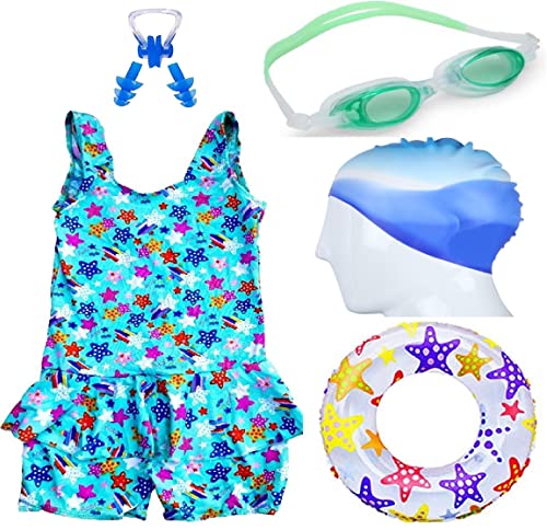 THE MORNING PLAY Swimming Costume for Girls with Goggles Cap 2 EARPLUG Nose Clip Swim Ring Baby Girls Swimming Kit (Blue, 8-9 Years)