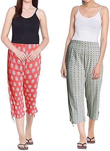 SAFESHOP - (Pack of 2 ) Women's Cotton Capri Night Pyjamas Nightwear Capri for Girls and Women Printed 3/4 Pyjama, Free Size (fits from 28-36 inches Waist), Prints May Vary (Assorted colours)F