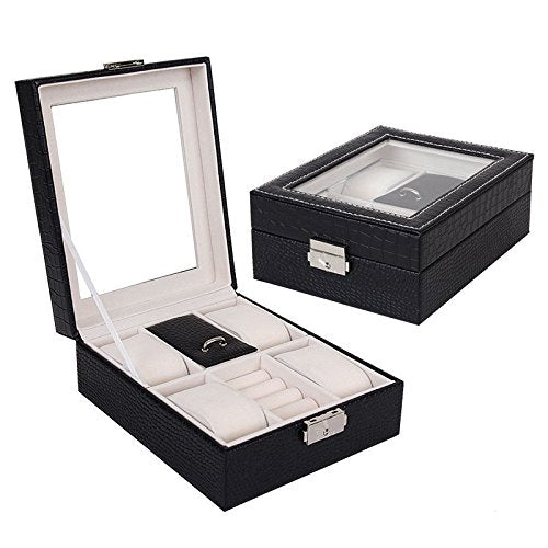 Medetai Women Gift Watch/Ring 4+2 Grids Hour Box Home Case Colorful Leather Window Case Luxury Brand Watch/Jewelry/Bracelet Organizer (Black)