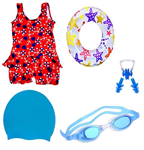 THE MORNING PLAY Swimming Costume for Girls with Goggles Cap 2 EARPLUG Nose Clip Swim Ring Baby Girls Swimming Kit (RED, 8-9 Years)
