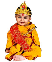 STC Boys and Girls 100% Cotton Dhoti Kurta Krishna Kids Costume Ethnic Wear Dress (Pack of 5 - Kurta, Dhoti, Bansuri, Mor Pankh Mukut, Bandhni Patka)(Yellow)_6-12 Month