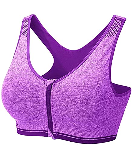 XMXM Women Polycotton Lightly Padded Non-Wired Encapsulation Sports Zip  Chain Bra Daily Use for Exercise and Gym Purple Fit Size 30-34