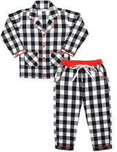 Load image into Gallery viewer, SHOPmOZO Unisex Pure Cotton Checkered Night Suit for Boys and Girls Pyjama Top Combo Set (SM-00247UNISEXSWPT_9-10Y Black White)
