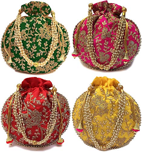 BINORI FASHIONS Rajasthani Style Royal Clutch Silk Batwa Bag Combo Wristlets Ethnic Potli Combo For Women's Zari Work Potli Combo Bridal Potli Combo (Pack of 4 Colors)